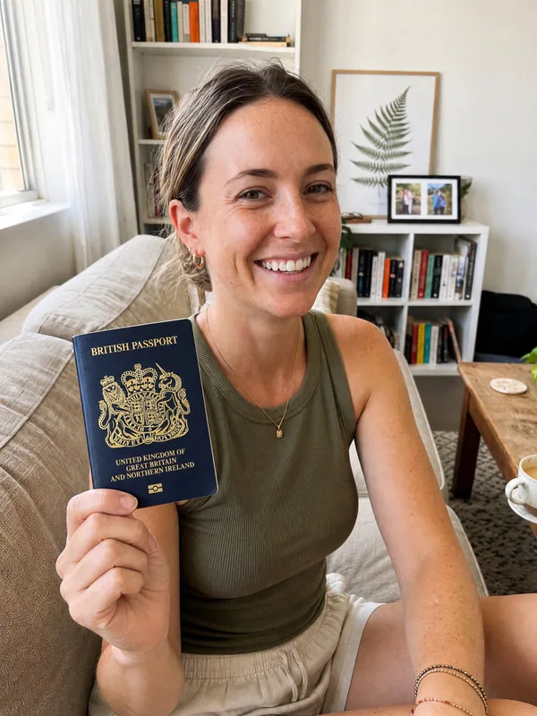 Charlotte smiling and holding her British passport at home